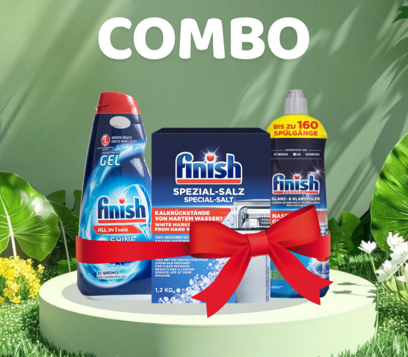Combo Gel Rửa Bát Finish All In One Shine&Protect 650ml + Muối 1.2kg + Nước bóng 800ml