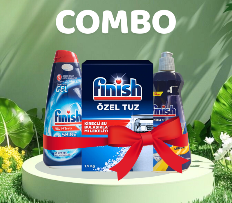 Combo Gel Rửa Bát Finish All In One Shine&Protect 650ml + Muối 1.5kg + Nước bóng 400ml Hương Chanh