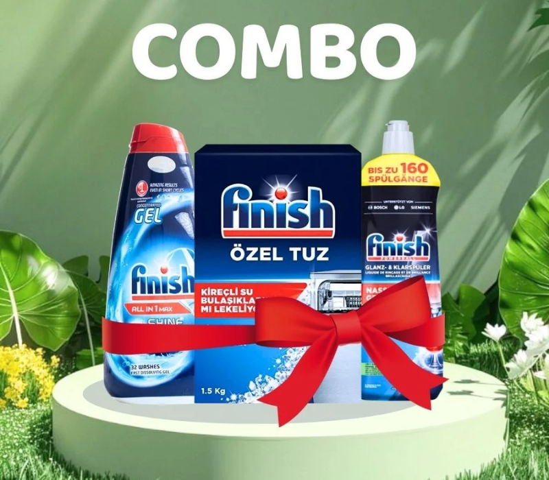 Combo Gel Rửa Bát Finish All In One Shine&Protect 650ml + Muối 1.5kg + Nước bóng 800ml