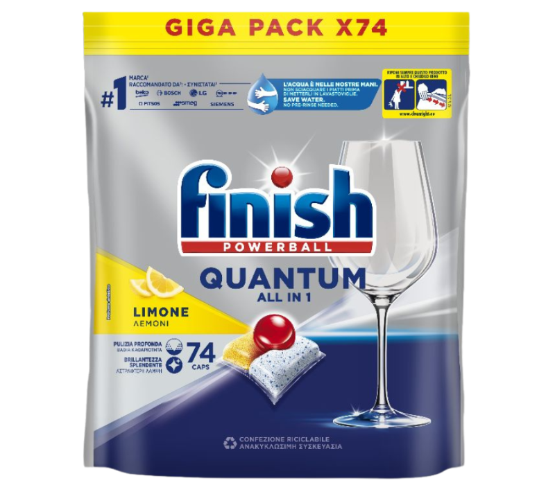 Combo Viên Rửa Bát Finish Quantum All in 1 74 Viên Hương Chanh + Muối 1.2kg + Nước bóng 800ml
