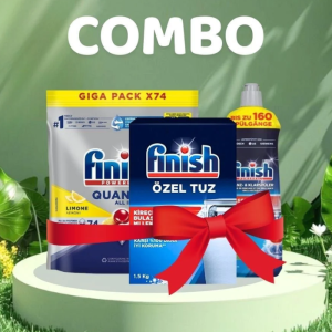 Combo Viên Rửa Bát Finish Quantum All in 1 74 Viên Hương Chanh + Muối 1.5kg + Nước bóng 800ml