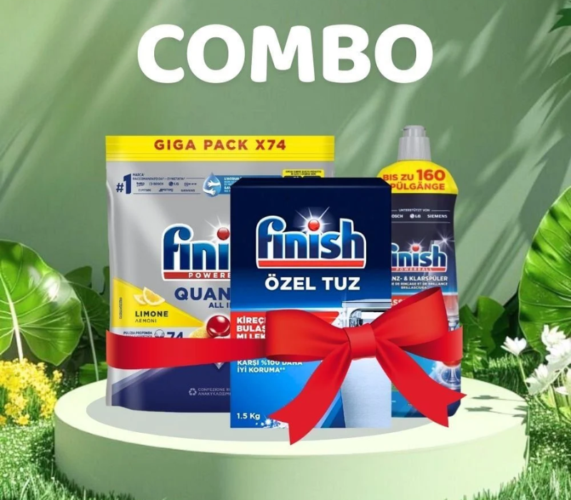 Combo Viên Rửa Bát Finish Quantum All in 1 74 Viên Hương Chanh + Muối 1.5kg + Nước bóng 800ml