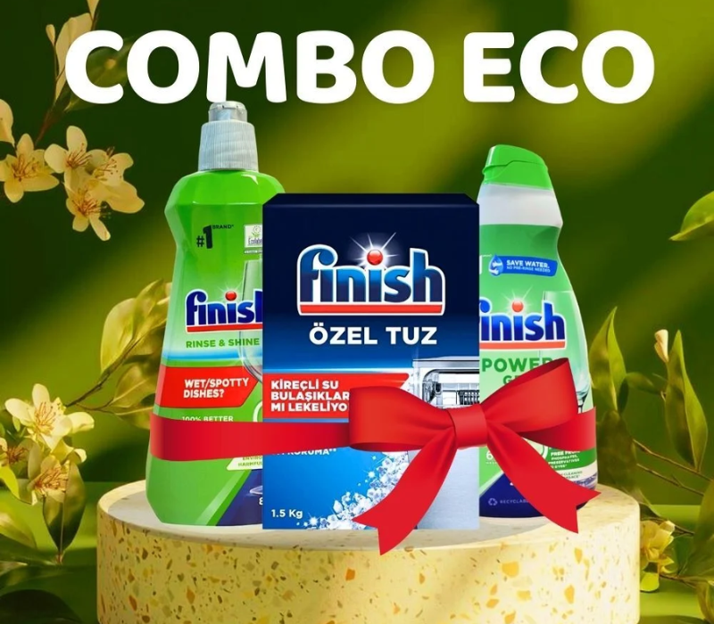 Combo Gel Rửa Bát Finish Eco 0% 900ml + Muối 1.5kg + Nước Làm Bóng Finish Eco 0% 400ml