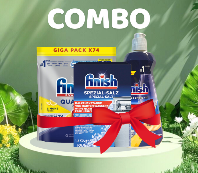 Combo Viên Rửa Bát Finish Quantum All in 1 74 Viên Hương Chanh + Muối 1.2kg + Nước bóng 400ml Hương Chanh