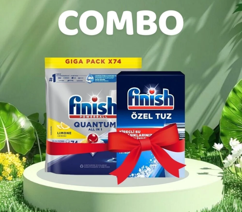 Combo Viên Rửa Bát Finish Quantum All in 1 74 Viên Hương Chanh + Muối 1.5kg